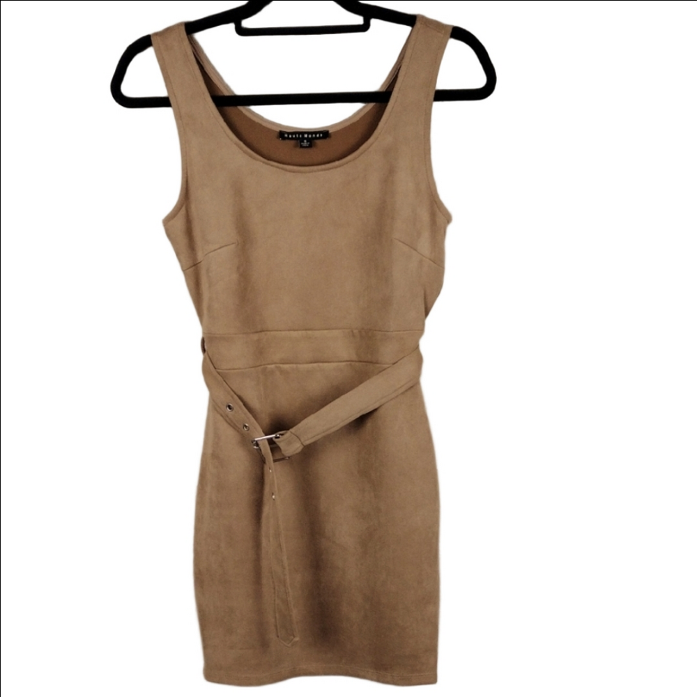 Haute Monde Tan Faux Suede Scoop Neckline Sleeveless Belted Mini Shift Dress